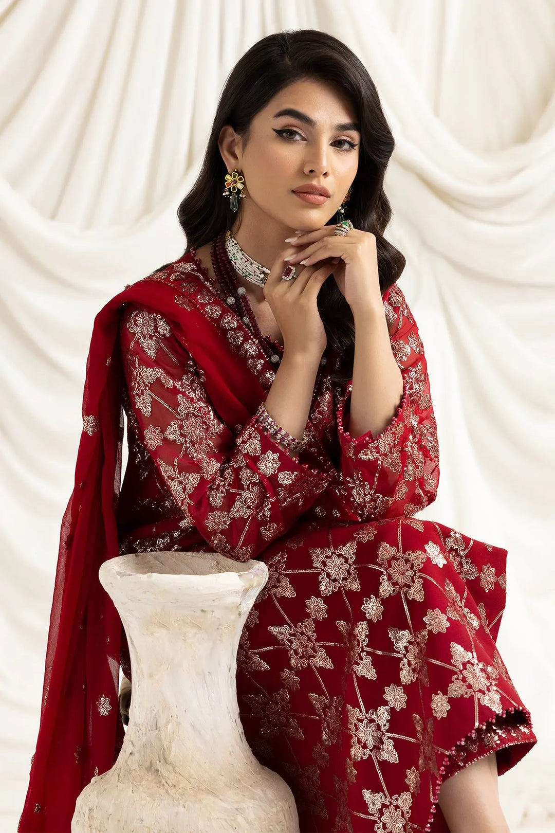 AF-DUA-3015-Alara Red Embroidered Chiffon