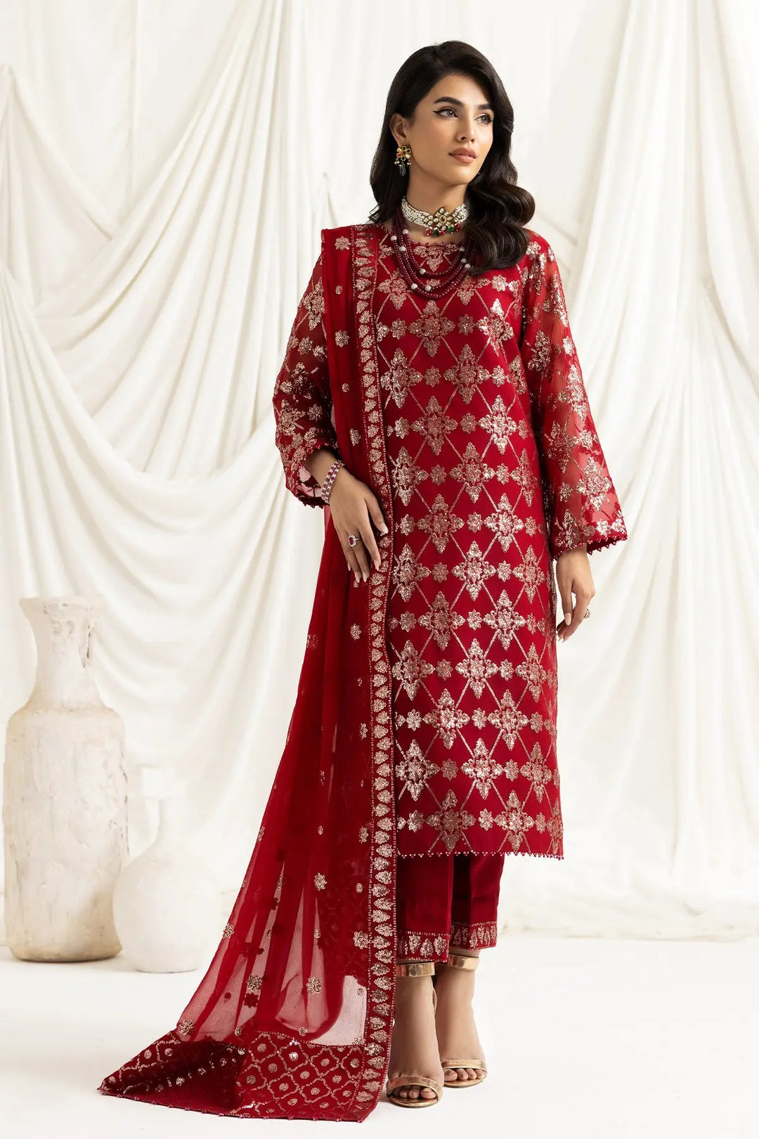 AF-DUA-3015-Alara Red Embroidered Chiffon